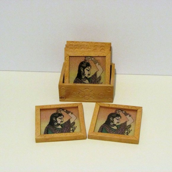 New Drink Coasters & Caddy Set of 6 Wood Crushed Gemstones - Picture 2 of 6